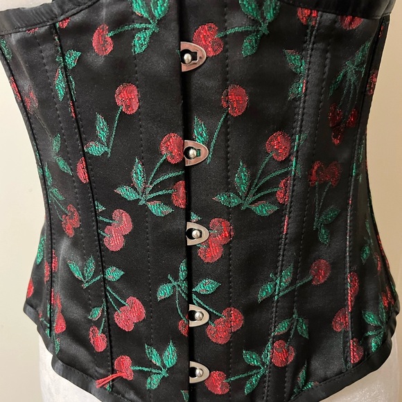 Cherry brocade underbust corset sexy black & red lace up back EUC - Picture 3 of 12
